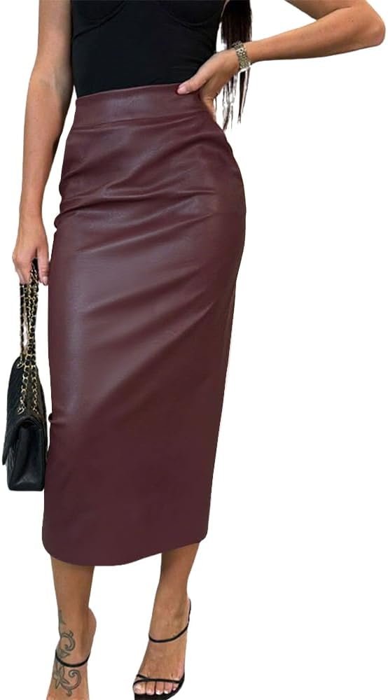 utcoco womens long faux leather skirt bodycon high waist slim pencil midi skirt utcoco womens long faux leather skirt bodycon high waist slim pencil midi skirt