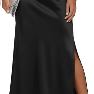 women's satin high waisted side split maxi skirt elastic waistband long silk skirts a line skirts for women