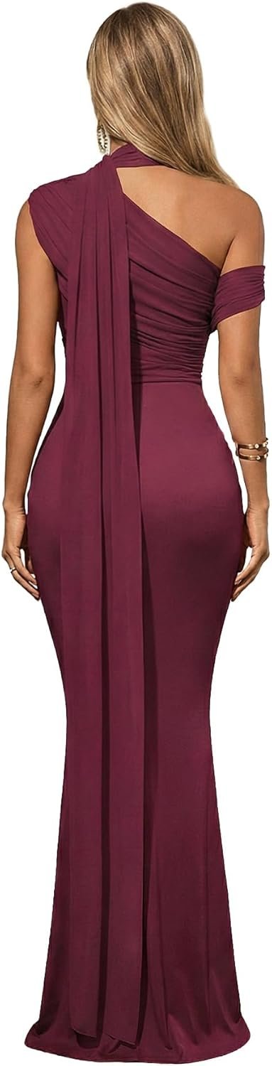 women's one shoulder formal evening gown built in bra ribbon elegant bodycon mesh ruched maxi dress women's one shoulder formal evening gown built in bra ribbon elegant bodycon mesh ruched maxi dress