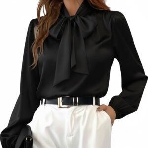 cupshe women's blouses long sleeve satin shirts bow tie high neck tops dressy casual