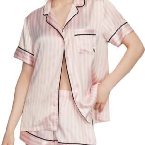 victoria's secret satin pajama set, short sleeve button down shirt & shorts, sleepwear for women (xs xxl)