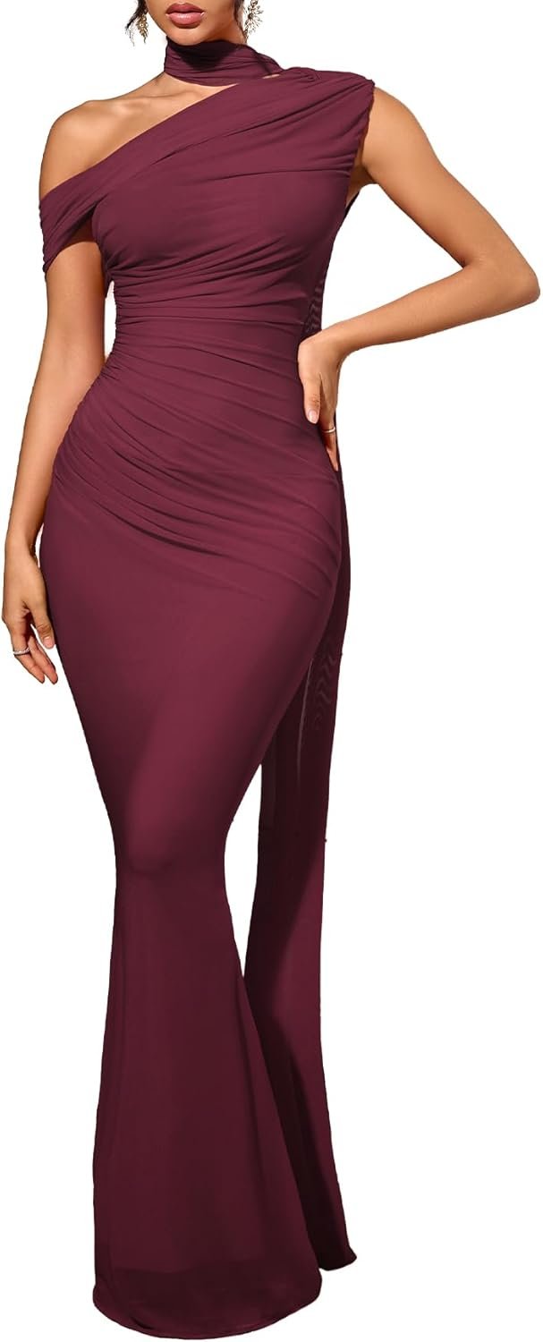women's one shoulder formal evening gown built in bra ribbon elegant bodycon mesh ruched maxi dress women's one shoulder formal evening gown built in bra ribbon elegant bodycon mesh ruched maxi dress