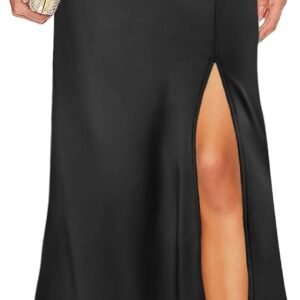 women's satin maxi skirt silk high waisted side slit hidden elastic waistband leopard print casual long skirts for women