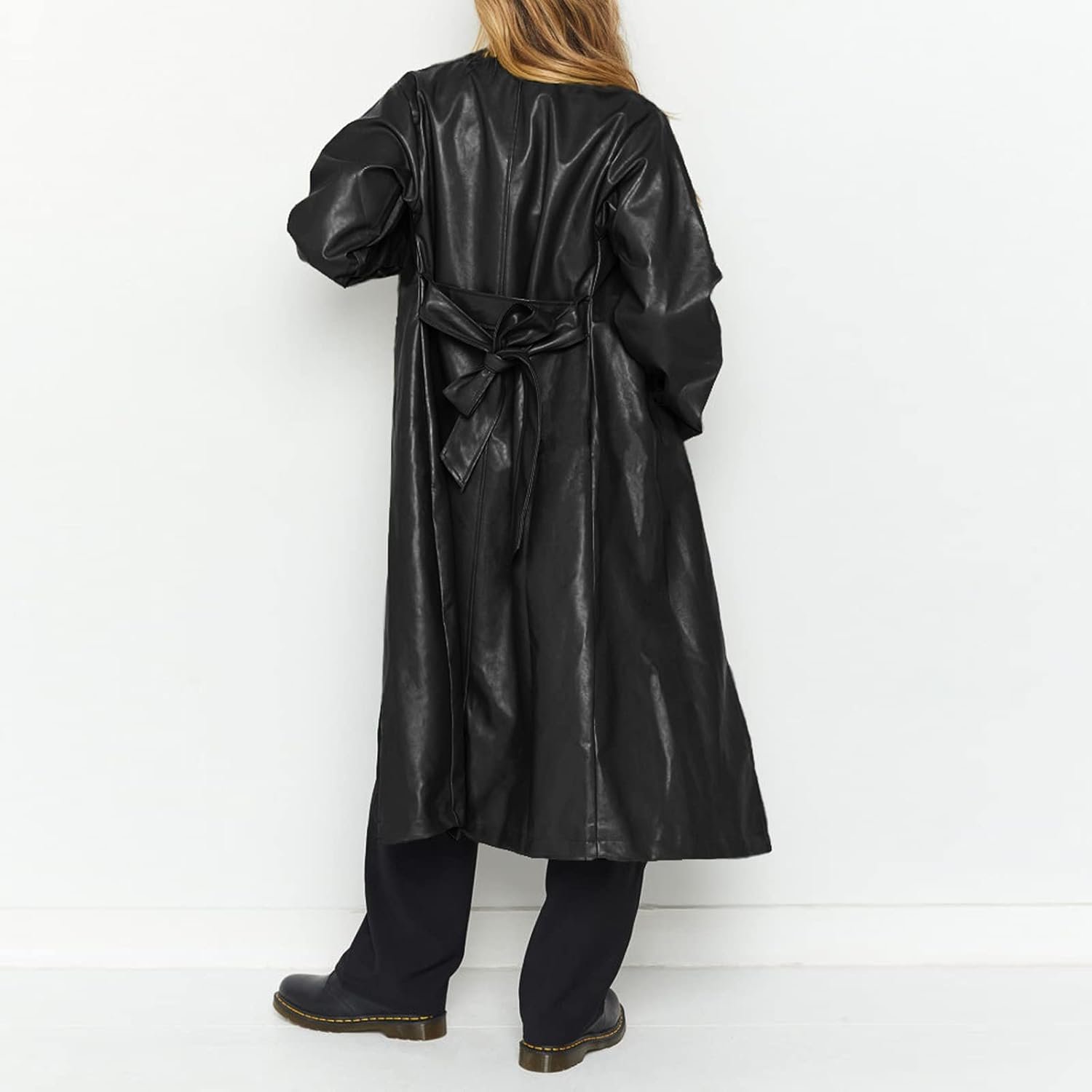 chouyatou women's casual lapel open front pu faux leather long trench coat with belt chouyatou women's casual lapel open front pu faux leather long trench coat with belt