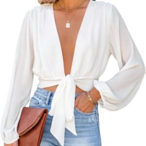 lyaner women's deep v neck long sleeve tie front knot sexy wrap crop top blouse