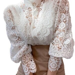 women’s elegant lace trim shirts casual victorian blouse long sleeve button down tops