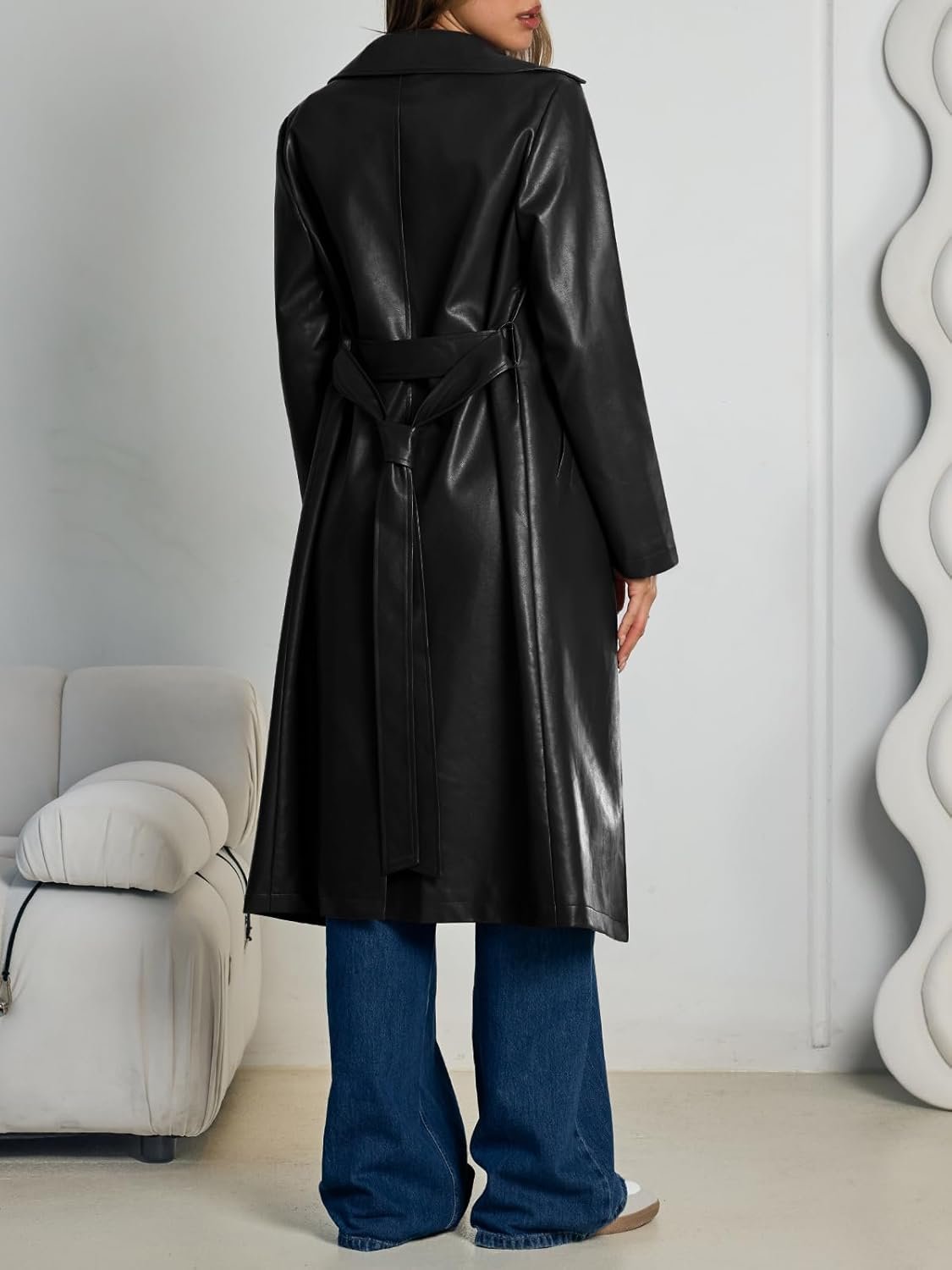 trendy queen womens long lapel faux leather jackets trench dress coat blazer three breasted open front peacoat with belt trendy queen womens long lapel faux leather jackets trench dress coat blazer three breasted open front peacoat with belt