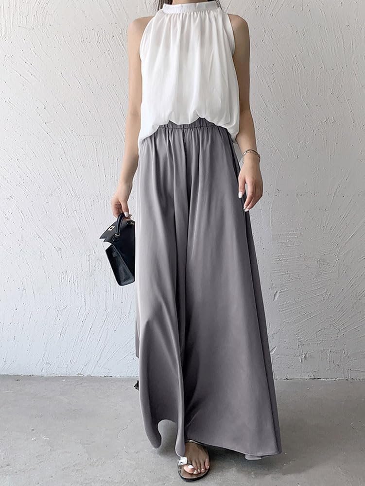 chouyatou women's satin silky wide leg culotte pants high elastic waist party dress casual palazzo pants chouyatou women's satin silky wide leg culotte pants high elastic waist party dress casual palazzo pants