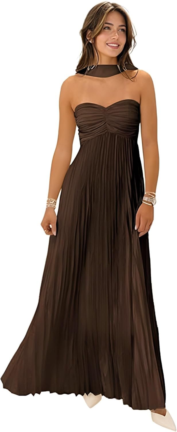 women bridesmaid dress with scarf strapless pleated satin flowy formal evening gown maxi dresses women bridesmaid dress with scarf strapless pleated satin flowy formal evening gown maxi dresses