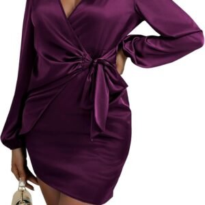 lyaner women's satin silky wrap v neck tie waist long sleeve mini short dress