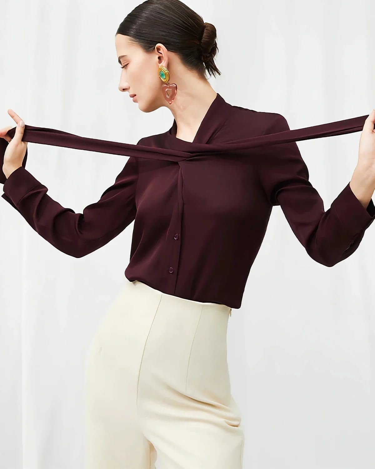 daisysilk 30 momme silk tie front blouse for women, 100% mulberry silk crepe, long sleeve pussy bow work shirt daisysilk 30 momme silk tie front blouse for women, 100% mulberry silk crepe, long sleeve pussy bow work shirt