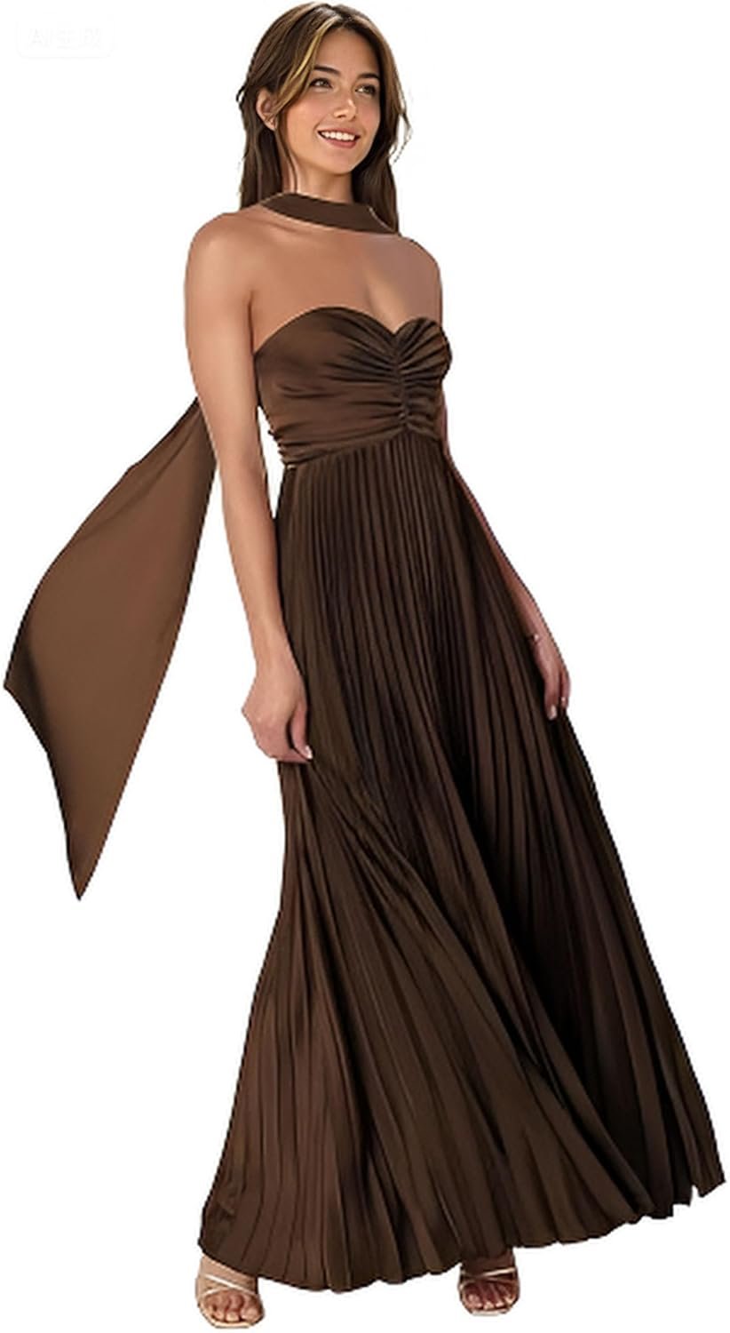 women bridesmaid dress with scarf strapless pleated satin flowy formal evening gown maxi dresses women bridesmaid dress with scarf strapless pleated satin flowy formal evening gown maxi dresses