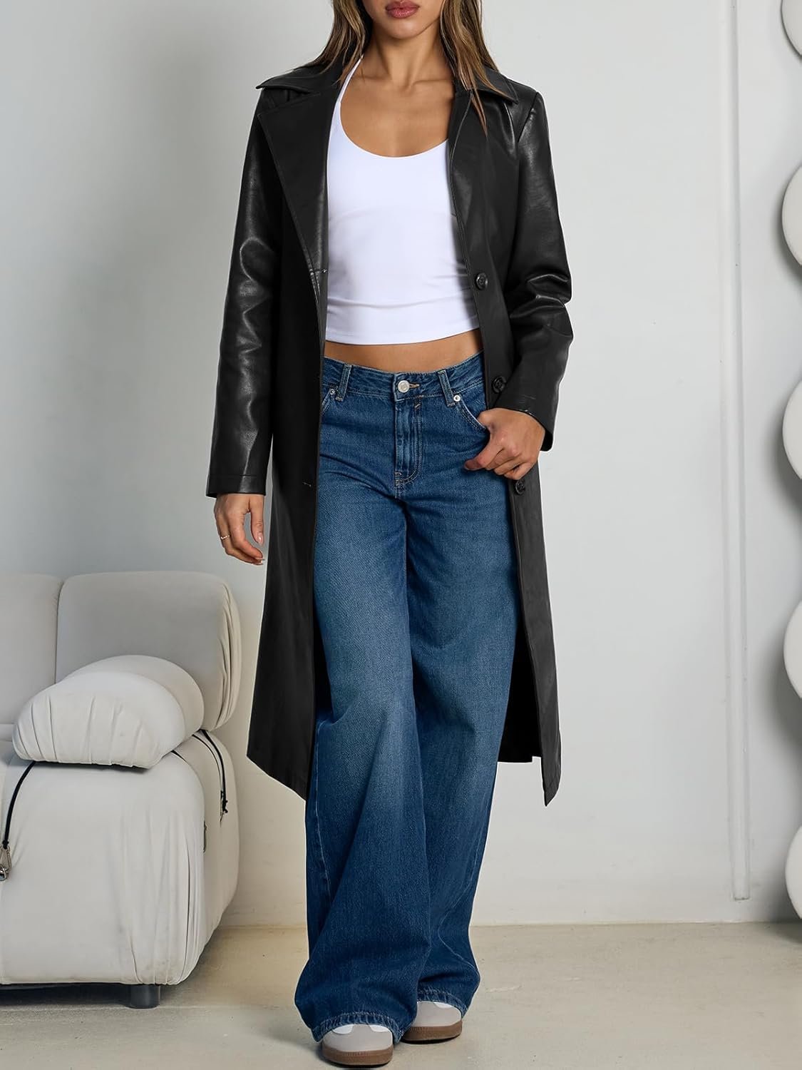 trendy queen womens long lapel faux leather jackets trench dress coat blazer three breasted open front peacoat with belt trendy queen womens long lapel faux leather jackets trench dress coat blazer three breasted open front peacoat with belt
