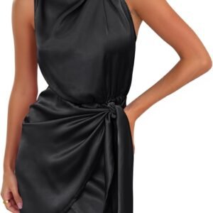 zesica women's 2026 fashion satin sleeveless halter neck tie waist wrap bodycon cocktail party mini dress