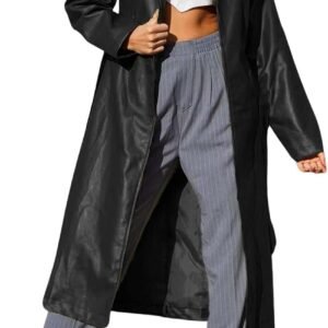 chouyatou women's casual lapel open front pu faux leather long trench coat with belt