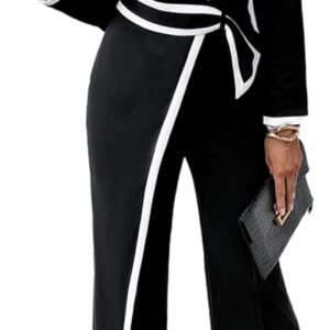 chicme wrap front jumpsuits for women contrast paneled long sleeve notched collar padded shoulders casual jumpsuit