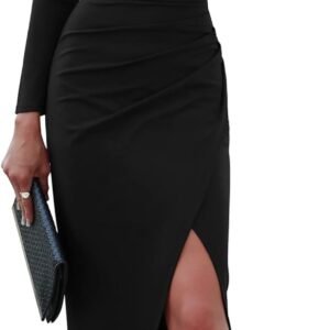 sarin mathews womens one shoulder long sleeve cocktail dresses sexy bodycon ruched wrap split party formal long dress