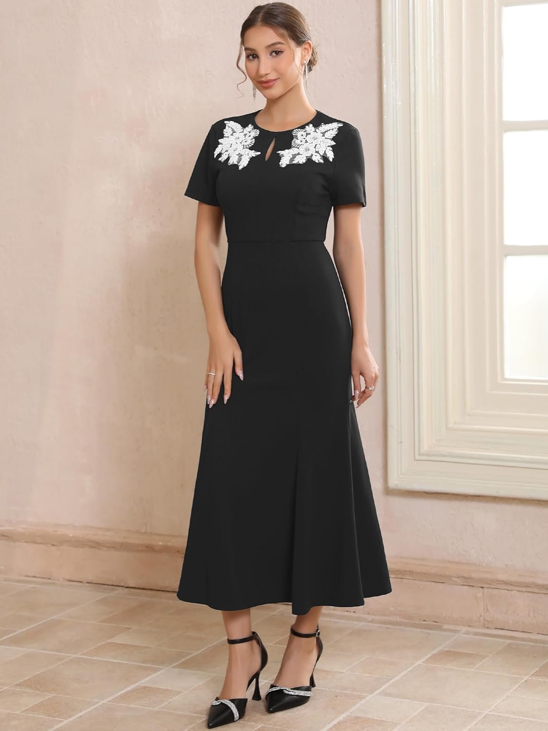 women's wedding guest dress for cocktail lace embroidered crewneck midi formal evening dresses women's wedding guest dress for cocktail lace embroidered crewneck midi formal evening dresses