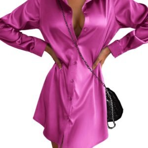 zeagoo women's stain long sleeve dress button down shirts tunic dresses casual v neck mini dress with belt
