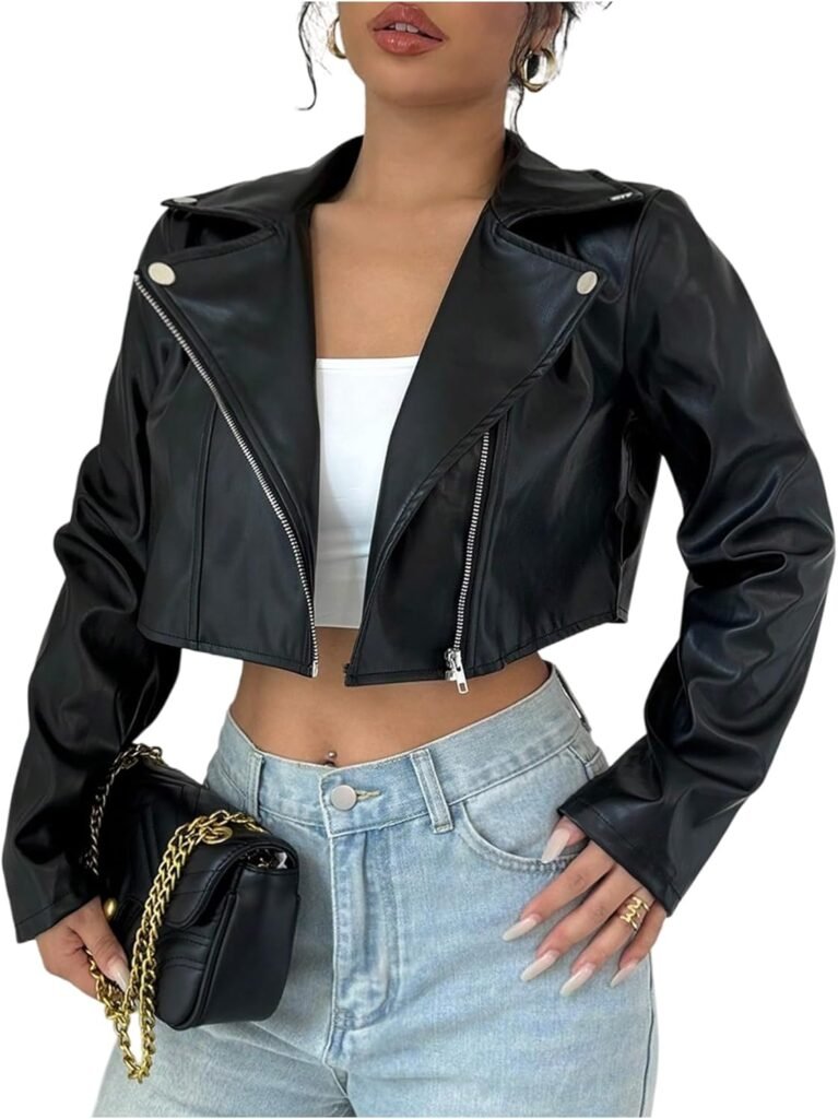 oyoangle women's pu leather cropped jacket zip up motorcycle jackets coat