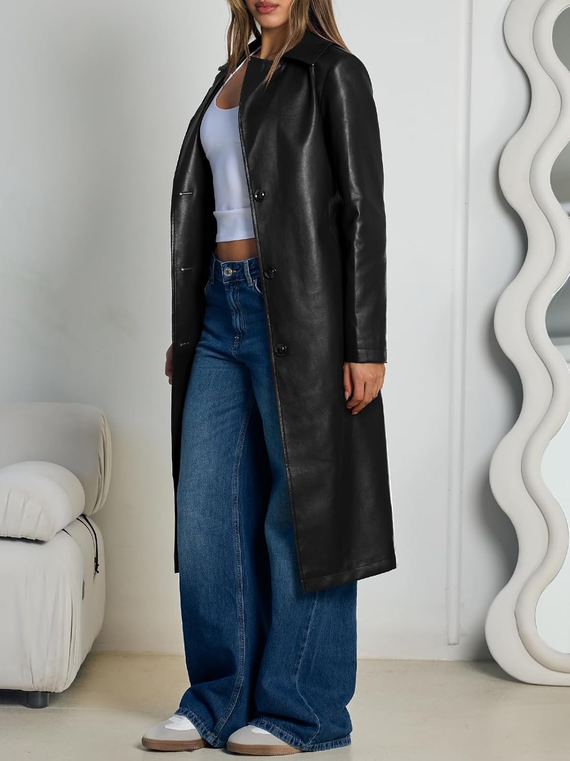 trendy queen womens long lapel faux leather jackets trench dress coat blazer three breasted open front peacoat with belt trendy queen womens long lapel faux leather jackets trench dress coat blazer three breasted open front peacoat with belt