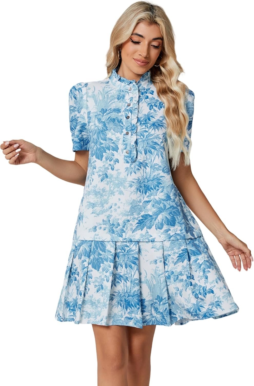 women floral mini dress short sleeve stand collar button up elegant work swing short pleated dress women floral mini dress short sleeve stand collar button up elegant work swing short pleated dress