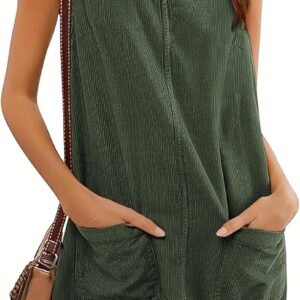 hooever women's corduroy overall dress round neck a line skirtall jumper mini dress pinafore with pockets