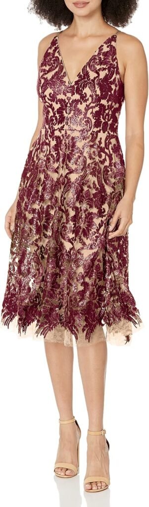 dress the population womens blair plunging fit and flare midi dress