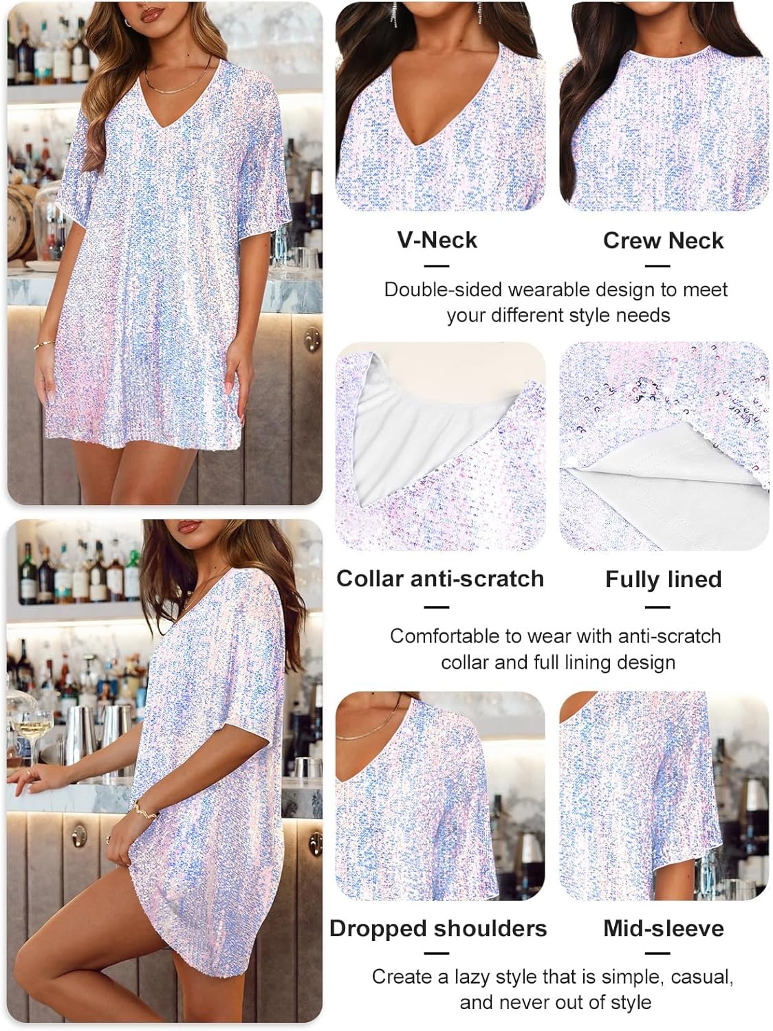 women's crew neck sequin dress for women sexy v neck shirt dress sparkly half sleeve loose party club cocktail dress women's crew neck sequin dress for women sexy v neck shirt dress sparkly half sleeve loose party club cocktail dress