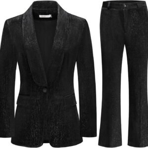 lamgool women pantsuit dressy silver thread velvet 2 piece suit set blazer and flared pants