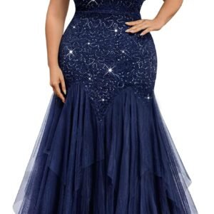 missmay women's plus size v neck off shoulder sequin lace tulle mermaid evening wedding dress