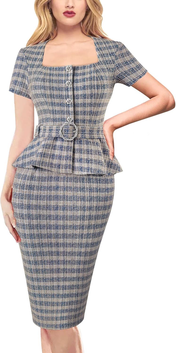 vfshow womens 2024 business work office square neck belted peplum buttons slim bodycon sheath dress vfshow womens 2024 business work office square neck belted peplum buttons slim bodycon sheath dress