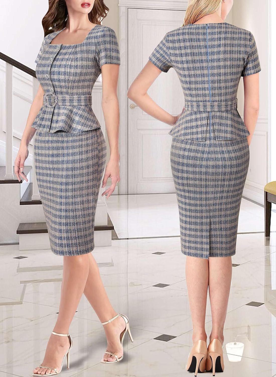 vfshow womens 2024 business work office square neck belted peplum buttons slim bodycon sheath dress vfshow womens 2024 business work office square neck belted peplum buttons slim bodycon sheath dress