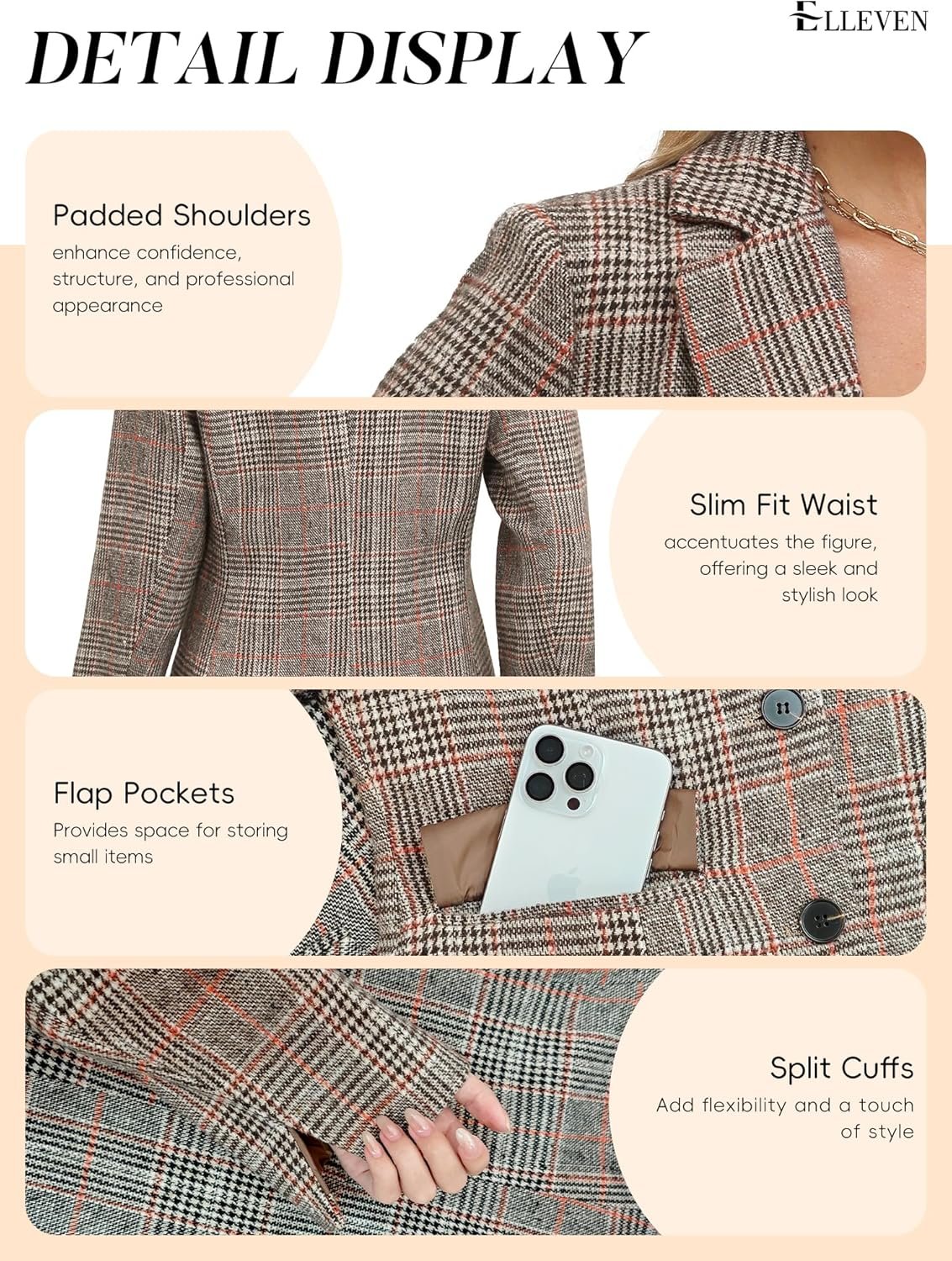 elleven women's lapel collar plaid 2 button boyfriend blazer suit houndstooth work office blazer jacket elleven women's lapel collar plaid 2 button boyfriend blazer suit houndstooth work office blazer jacket