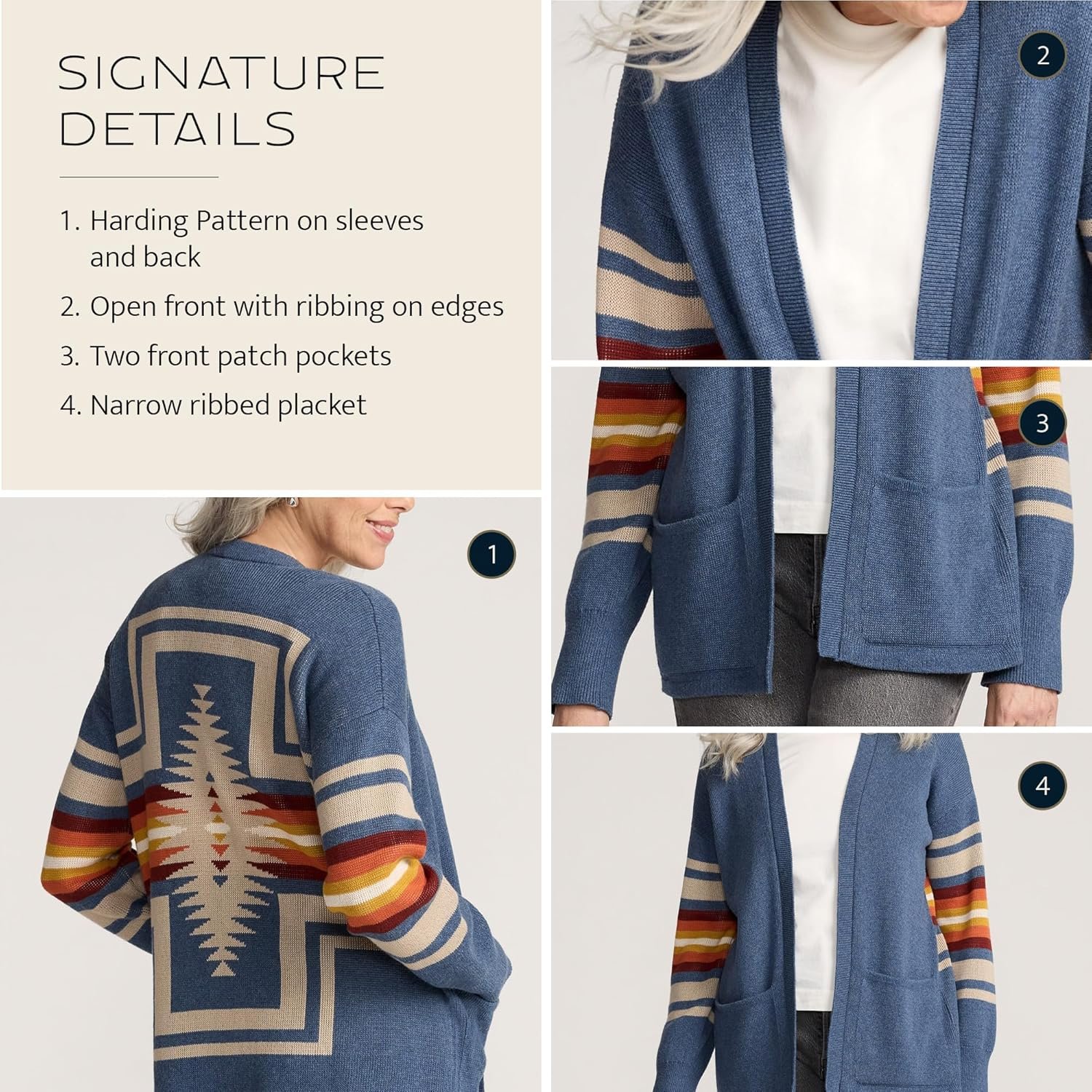 pendleton sierra spring cardigan for women, cotton sweater with harding pattern, open front, 28” length pendleton sierra spring cardigan for women, cotton sweater with harding pattern, open front, 28” length