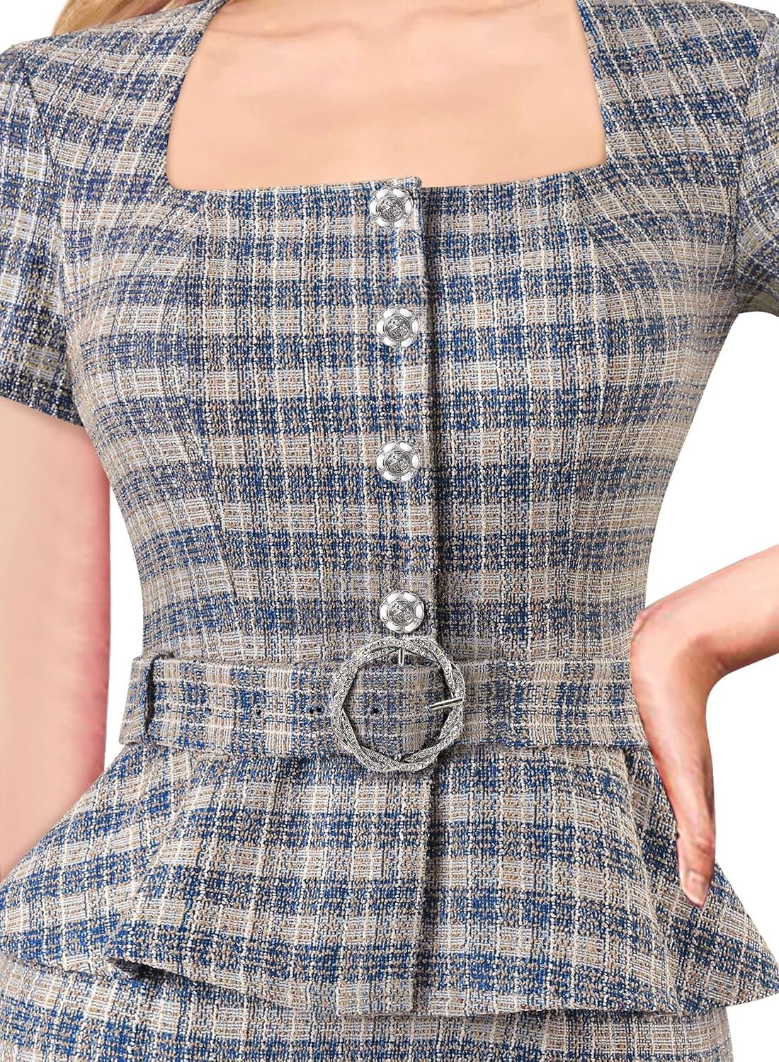 vfshow womens 2024 business work office square neck belted peplum buttons slim bodycon sheath dress vfshow womens 2024 business work office square neck belted peplum buttons slim bodycon sheath dress